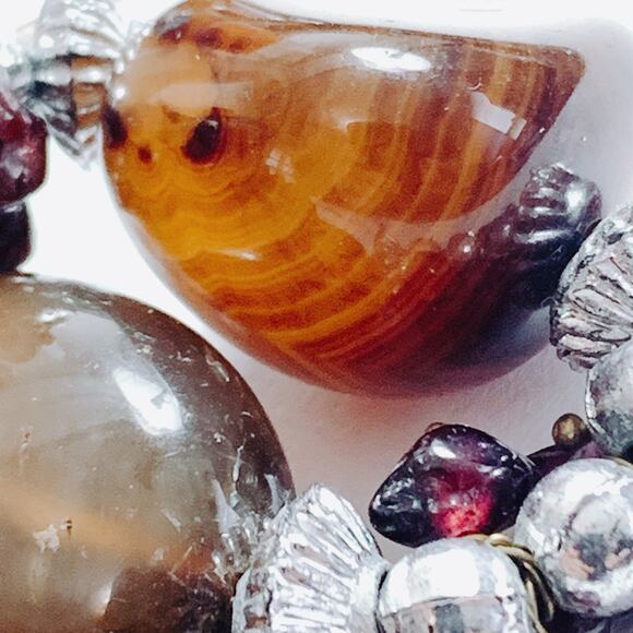 Vintage Brown Gemstone Agate Garnet Silver Tone Beaded Necklace 22" Boho Jewelry - Picture 7 of 16